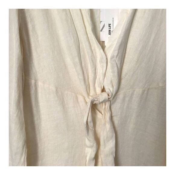 Zara Romper Size XS Tied 100% Linen Oyster White Long Sleeve V-Neck Jumpsuit - Picture 5 of 16